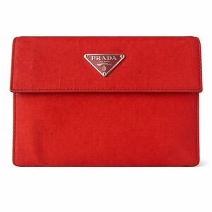 Prada Red Suede Envelope Clutch with Silver Triangle Log